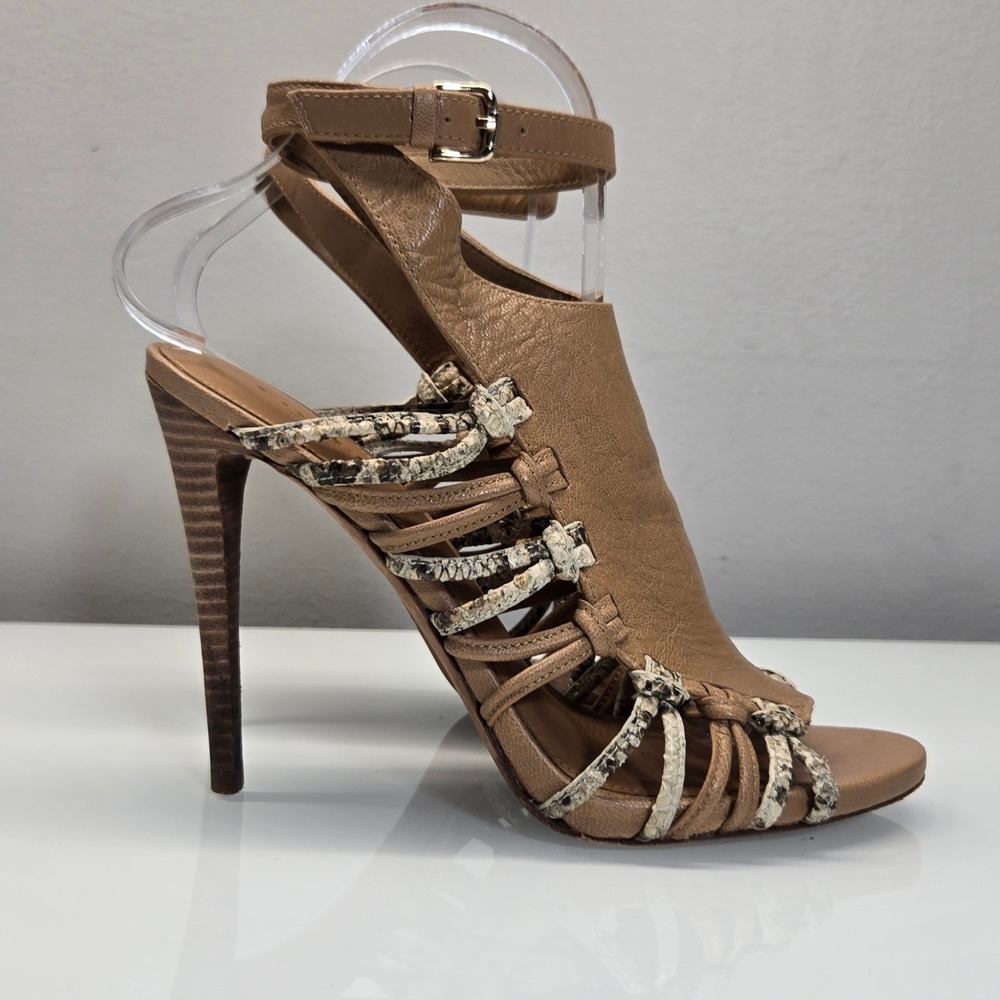 Coach Jody Stiletto Sandals Heels 7B Brown Leather Cage Ankle Strap Python Print